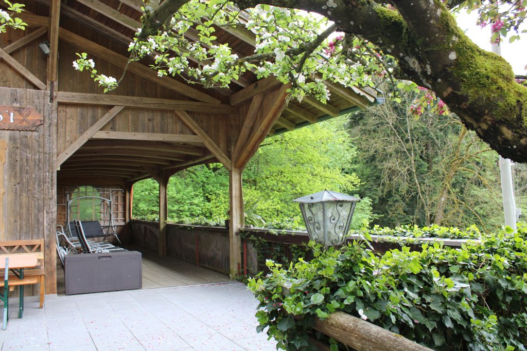 Der Außenbereich der Waldpension lädt zum Entspannen und Verweilen im Freien ein, perfekt für schöne Tage und gemütliche Stunden im Grünen!